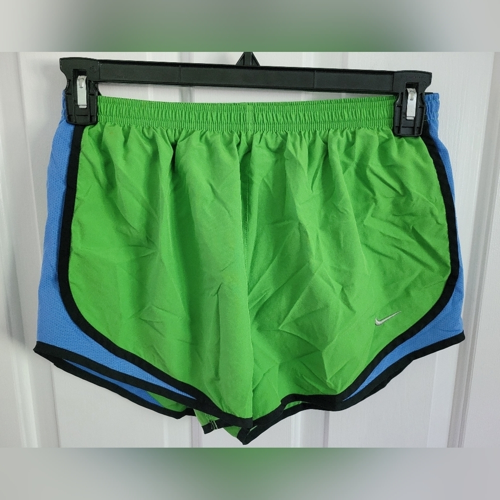 Nike Dri Fit Woman’s Lined Running Athletic Shorts Green Blue Size Medium